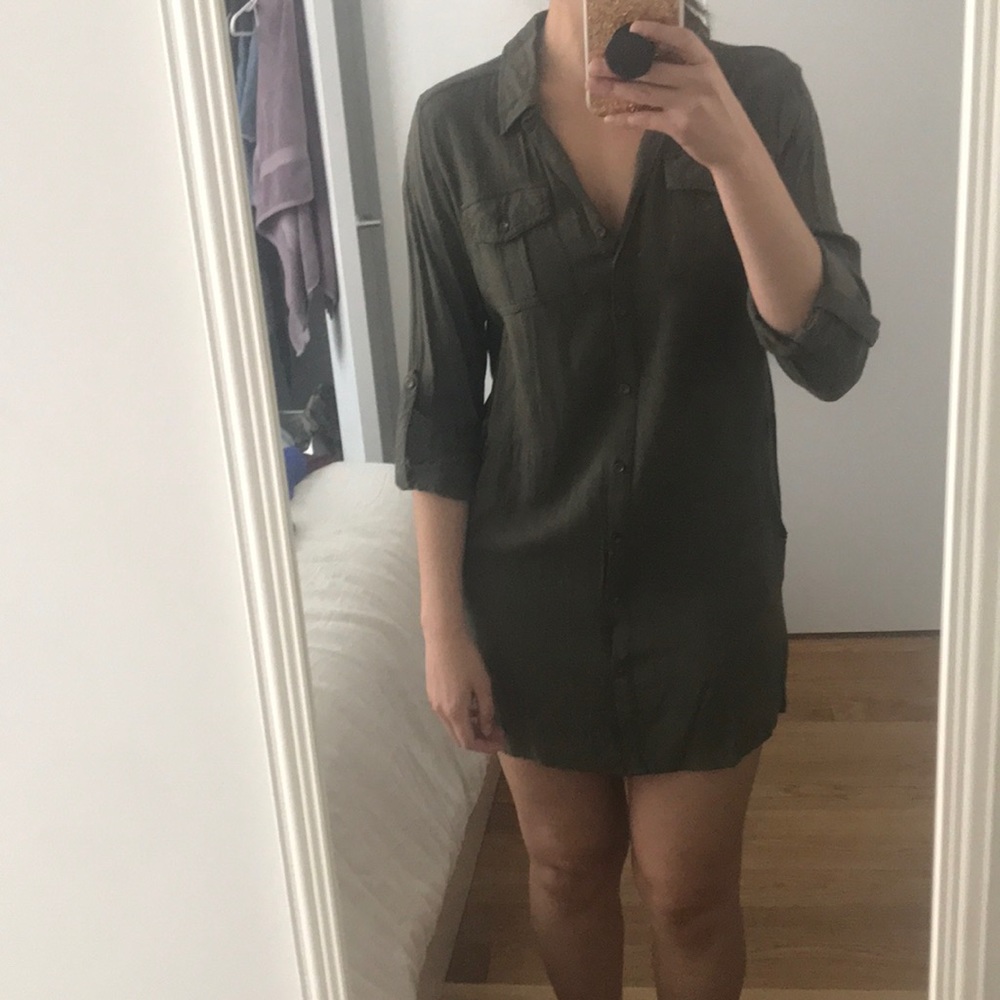 Army green button down dress